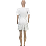 Casual Solid Color White Puff Sleeves Nightclub Pleated Dress