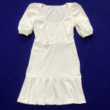 Casual Solid Color White Puff Sleeves Nightclub Pleated Dress