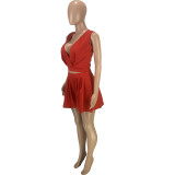 Casual Solid Red Split Joint Fold V Neck Sleeveless Vest Two Pieces Pleated Shorts