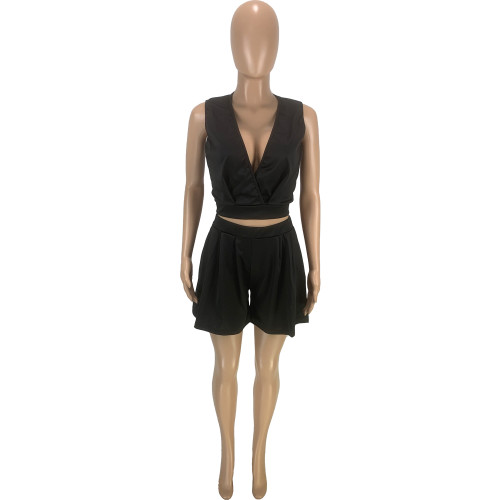 Casual Solid Black Split Joint Fold V Neck Sleeveless Vest Two Pieces Pleated Shorts