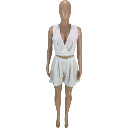 Casual Solid White Split Joint Fold V Neck Sleeveless Vest Two Pieces Pleated Shorts