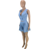 Casual Solid Light Blue Split Joint Fold V Neck Sleeveless Vest Two Pieces Pleated Shorts