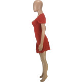 Casual Solid Color Red Puff Sleeves Nightclub Pleated Dress