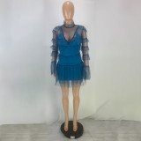 Casual Blue Mesh Stitching Long Sleeve Two Piece Dress