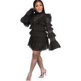 Casual Black Mesh Stitching Long Sleeve Two Piece Dress