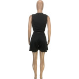 Casual Solid Black Split Joint Fold V Neck Sleeveless Vest Two Pieces Pleated Shorts