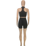 Solid Black Sports Tank Top Ruched Shorts Two Piece Sets for Women