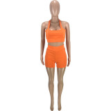 Solid Orange Sports Tank Top Ruched Shorts Two Piece Sets for Women