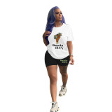 Women Tracksuits Outfit Casual Solid Color Graphic Print Short Sleeve Shorts Two-Piece Set
