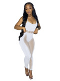 Casual White Mesh Perspective Stitching Sexy Hollow Nightclub Two Piece Set