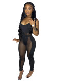 Casual Black Mesh Perspective Stitching Sexy Hollow Nightclub Two Piece Set