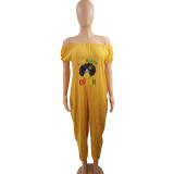 Yellow Fat Woman Clothing Off Shoulder Offset Printed Solid Color Jumpsuit