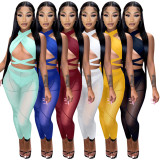 3 Pieces Set Bandage Lace Up Halter Crop Top Sheer Mesh See Through Pants set Party Night Club Outfits