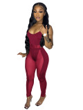 Casual Wine Red Mesh Perspective Stitching Sexy Hollow Nightclub Two Piece Set
