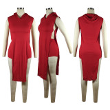 Casual Red Pit Thread Split Hollow Clubwear Sleeveless Irregular Hooded Top Shorts Two Piece