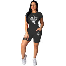 Casual Black Graphic Print Short Sleeve Shorts Outfits Women Two Piece Set with Pockets