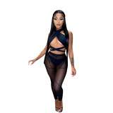 3 Pieces Set Bandage Lace Up Halter Crop Top Sheer Mesh See Through Pants set Party Night Club Outfits