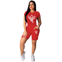 Casual Red Graphic Print Short Sleeve Shorts Outfits Women Two Piece Set with Pockets