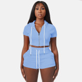 Solid Light Blue Zipper Cardigan Hooded Cropped Two-Piece Short Summer Set
