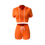 Solid Orange Zipper Cardigan Hooded Cropped Two-Piece Short Summer Set