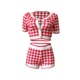 Casual Plaid Print Breasted Cardigan Crop Top Hot Shorts Two-Piece Set