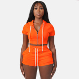 Solid Orange Zipper Cardigan Hooded Cropped Two-Piece Short Summer Set