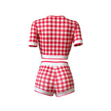 Casual Plaid Print Breasted Cardigan Crop Top Hot Shorts Two-Piece Set