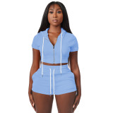Solid Light Blue Zipper Cardigan Hooded Cropped Two-Piece Short Summer Set