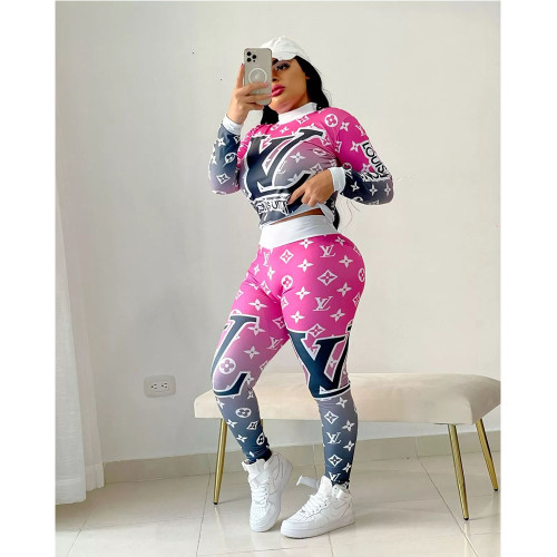 Casual Round Neck Sportwear Women Colorful Printed Two Piece Pant Set