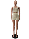 White Sexy Mesh See Through Sheer Knitted Fringe Beach Halter Top and Shorts