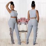 Summer Solid Color Grey Hollow Pit Women's Clothing Sleeveless Crop Top Two Piece Outfits Set