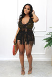 Black Sexy Mesh See Through Sheer Knitted Fringe Beach Halter Top and Shorts