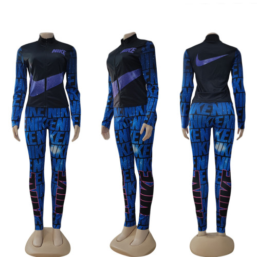 Casual Turtleneck Zipper Women Sport Digital Printed Two Piece Pant Set