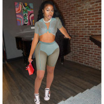 Pale Green Mesh Splicing Perspective Tie Sexy Crop and Shorts