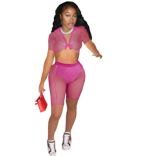 Rose Mesh Splicing Perspective Tie Sexy Crop and Shorts