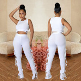 Summer Solid Color White Hollow Pit Women's Clothing Sleeveless Crop Top Two Piece Outfits Set