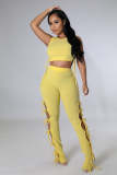 Summer Solid Color Yellow Hollow Pit Women's Clothing Sleeveless Crop Top Two Piece Outfits Set