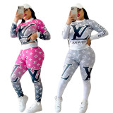 Casual Round Neck Sportwear Women Colorful Printed Two Piece Pant Set