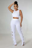 Summer Solid Color White Hollow Pit Women's Clothing Sleeveless Crop Top Two Piece Outfits Set