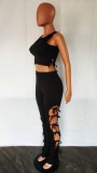 Summer Solid Color Black Hollow Pit Women's Clothing Sleeveless Crop Top Two Piece Outfits Set