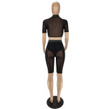 Black Mesh Splicing Perspective Tie Sexy Crop and Shorts