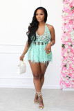 Sky Cyan Sexy Mesh See Through Sheer Knitted Fringe Beach Halter Top and Shorts