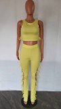 Summer Solid Color Yellow Hollow Pit Women's Clothing Sleeveless Crop Top Two Piece Outfits Set