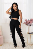 Summer Solid Color Black Hollow Pit Women's Clothing Sleeveless Crop Top Two Piece Outfits Set