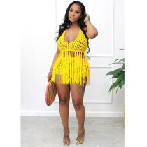 Yellow Sexy Mesh See Through Sheer Knitted Fringe Beach Halter Top and Shorts