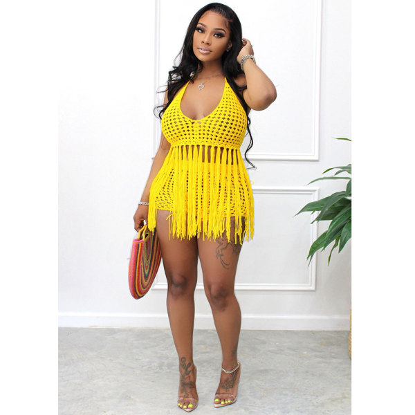 Yellow Sexy Mesh See Through Sheer Knitted Fringe Beach Halter Top and Shorts
