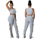 Summer Solid Color Grey Hollow Pit Women's Clothing Sleeveless Crop Top Two Piece Outfits Set