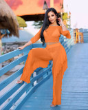 Orange Sexy See Through Mesh Ruffles Beach Two Piece Pant Set