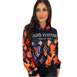 Women Colorful Printed Outerwear Sports Hooded Blouse