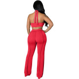 Sexy Red Halter Wrapped Top and Wide Leg Suit